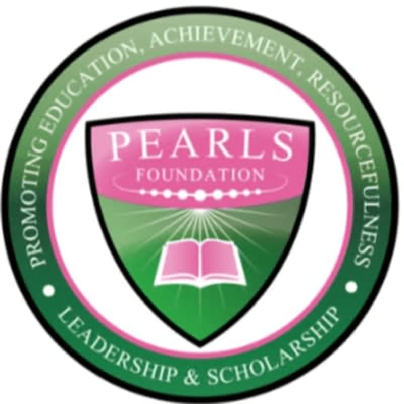 A green and pink shield with an open book in the foreground is surrounded by a circular emblem with text about education and leadership in the background.