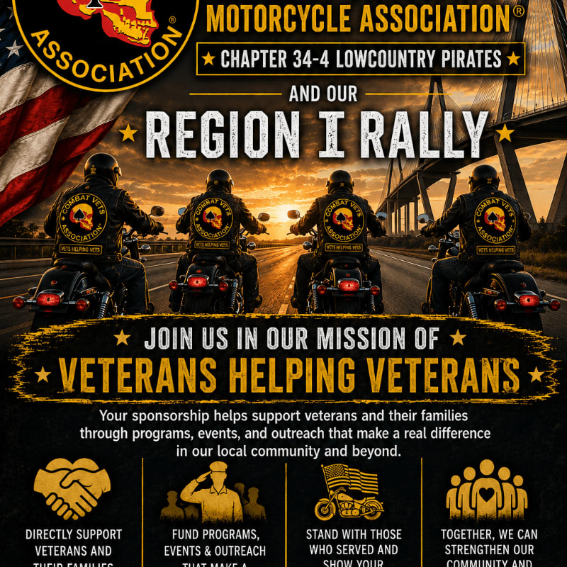 Four motorcyclists ride down a road towards a bridge at sunset, with the "Region I Rally" and "Veterans Helping Veterans" message prominently displayed.