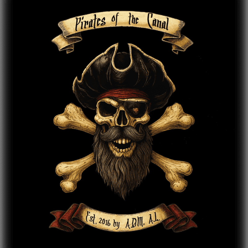 A pirate skull with a mustache and beard, crossed bones, and banners reading "Pirates of the Canal" and "Est. 2016 by A.D.M. A.L." are set against a black background.