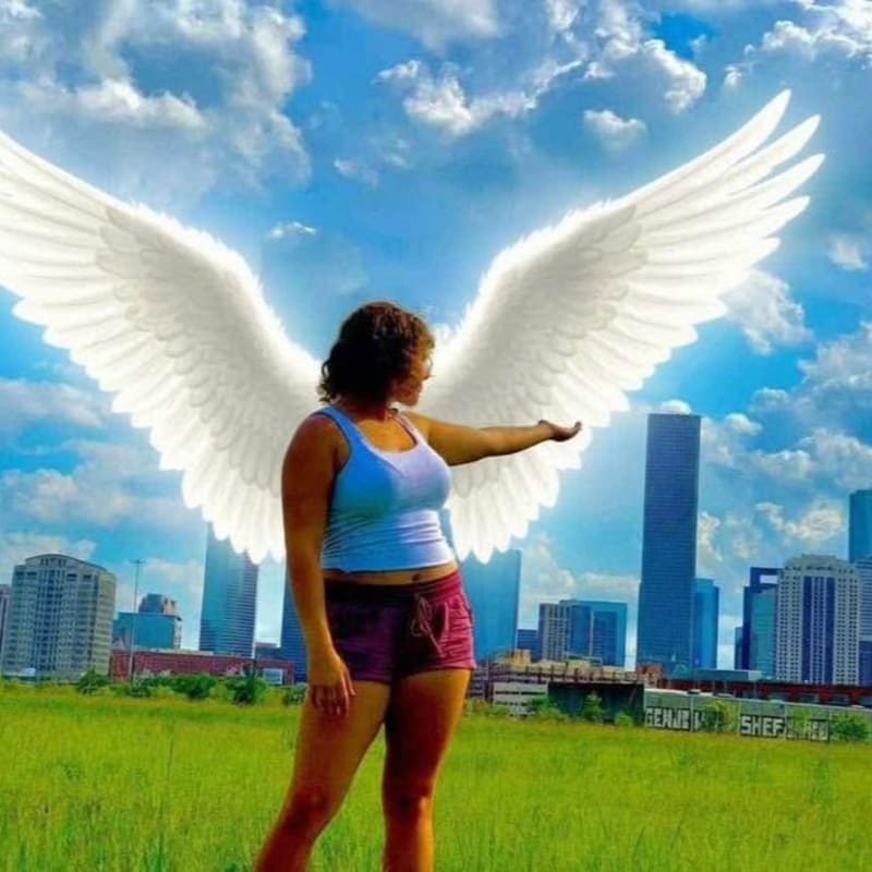 A woman with large white wings outstretched stands in a grassy field, with a city skyline and a bright blue sky with clouds in the background.