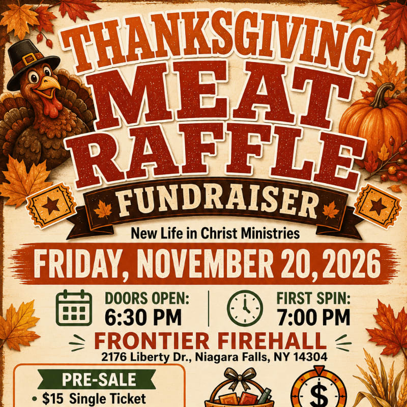 A Thanksgiving Meat Raffle fundraiser poster features a cartoon turkey and pumpkin in the foreground, with event details like date, time, and location in the background.