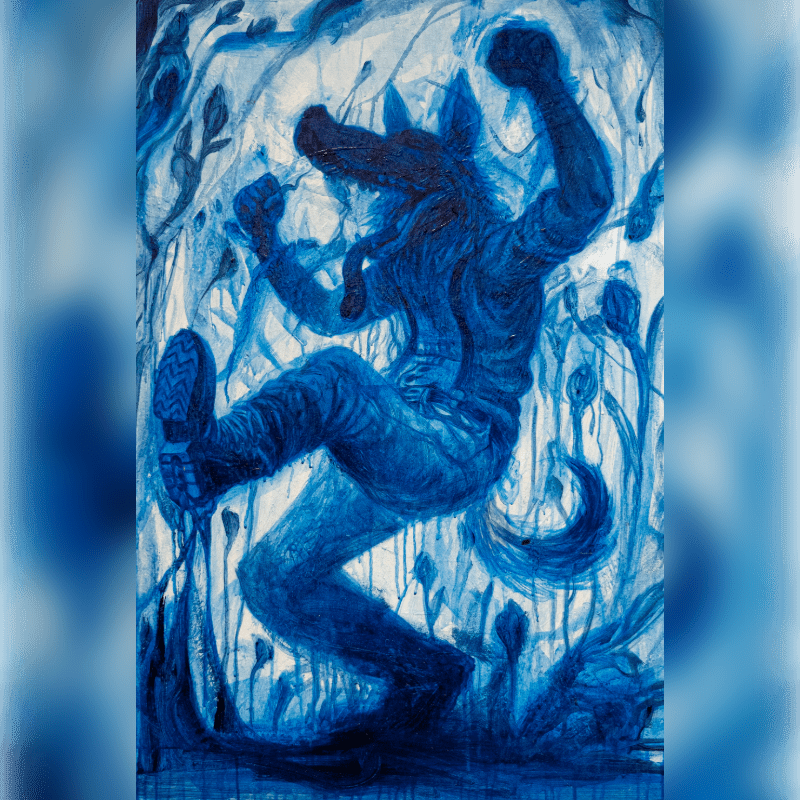 A blue, anthropomorphic wolf-like creature with its arms raised in a dynamic pose is surrounded by abstract blue foliage and floral elements.
