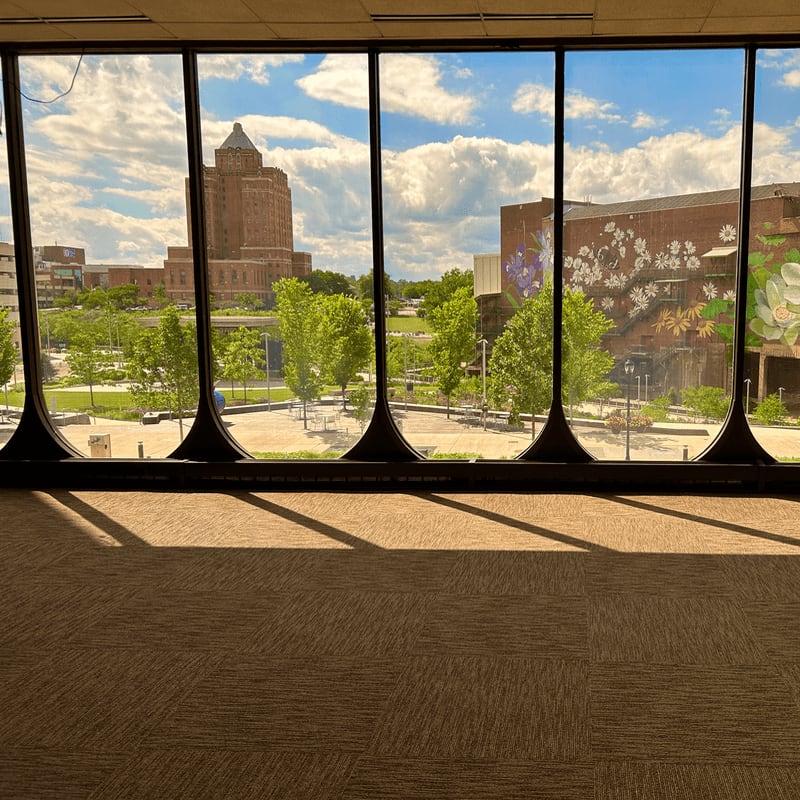 Sunlight casts shadows on a carpeted floor in the foreground, while a cityscape with trees and buildings is visible through a large window in the background.