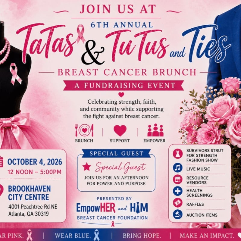 A pink mannequin with a tutu and necklace is in the foreground, while a man in a blue suit holding pink roses is in the background of a breast cancer fundraising event poster.