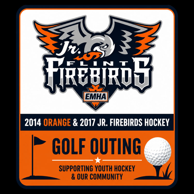 A golf outing flyer for the Jr. Flint Firebirds hockey team features a prominent eagle logo in the background and golf-related imagery in the foreground.