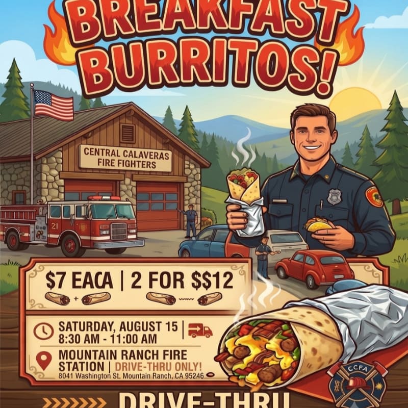 A firefighter holds a breakfast burrito in front of a fire station with a fire truck and cars, while another burrito is featured prominently in the foreground, all set against a backdrop of trees and a sunset.