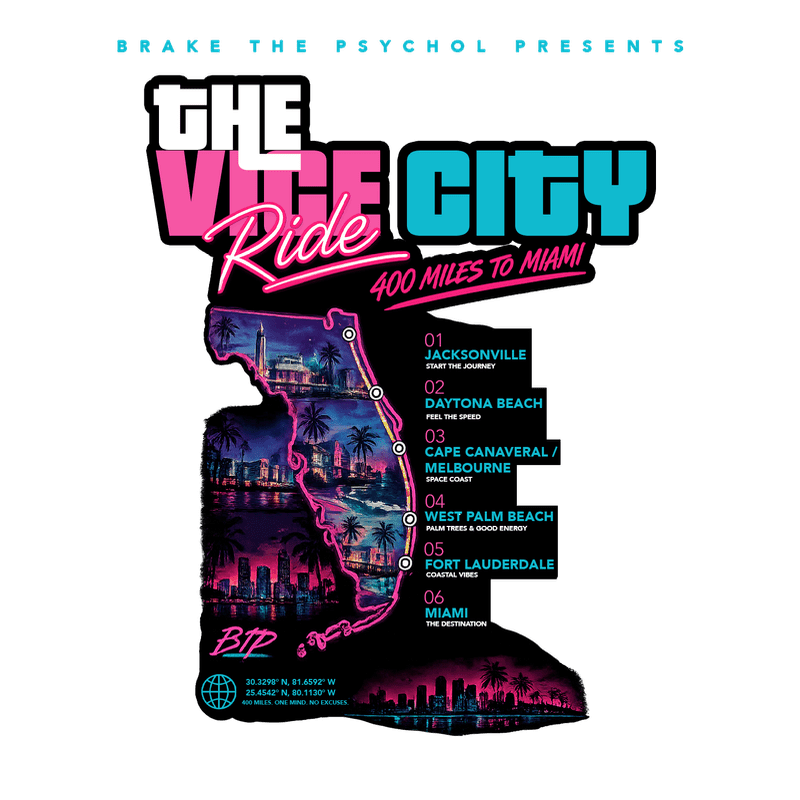A neon-outlined map of Florida with city stops for "The Vice City Ride" is presented against a stylized Miami skyline background.
