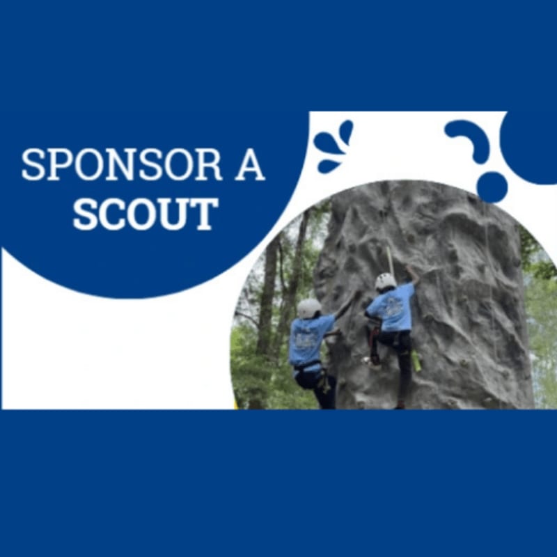 Two scouts in blue shirts and helmets climb a rock face in the foreground, with a blue banner on the left displaying "SPONSOR A SCOUT" and a blurred background of trees.