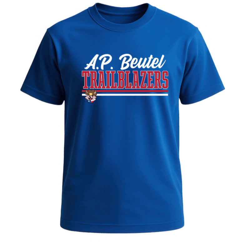 A bright blue t-shirt with "A.P. Beutel TRAILBLAZERS" printed in white and red lettering is displayed against a plain white background.