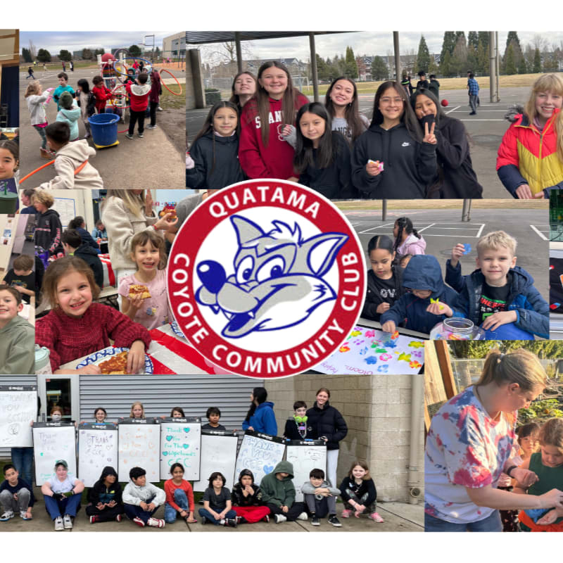 A collage of photos shows children participating in various outdoor activities and events, with a "Coyote Community Club" logo prominently displayed in the center.