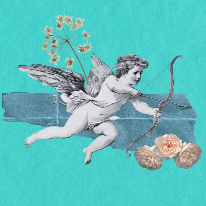A cherub with a bow and arrow is superimposed on a torn blue paper with dried flowers and roses.