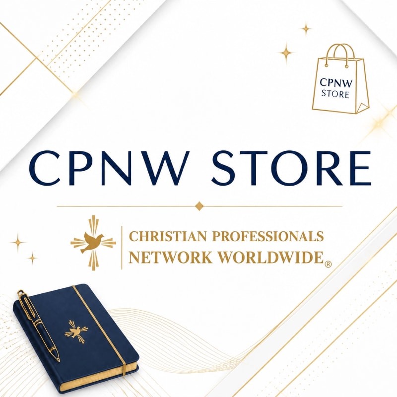 A navy blue notebook with a pen rests in the foreground, while the background features the "CPNW STORE" logo and a shopping bag graphic with a white, gold, and navy color scheme.