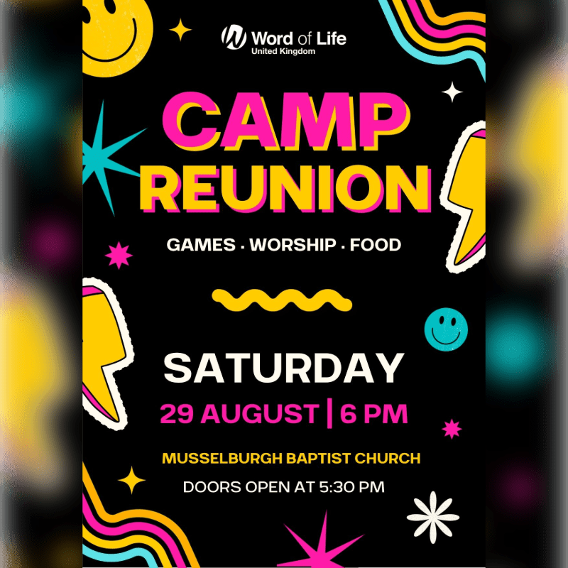 A black poster advertises a "Camp Reunion" with colorful lightning bolts, smiley faces, and wavy lines in the background, while the foreground details event information like date, time, and location.