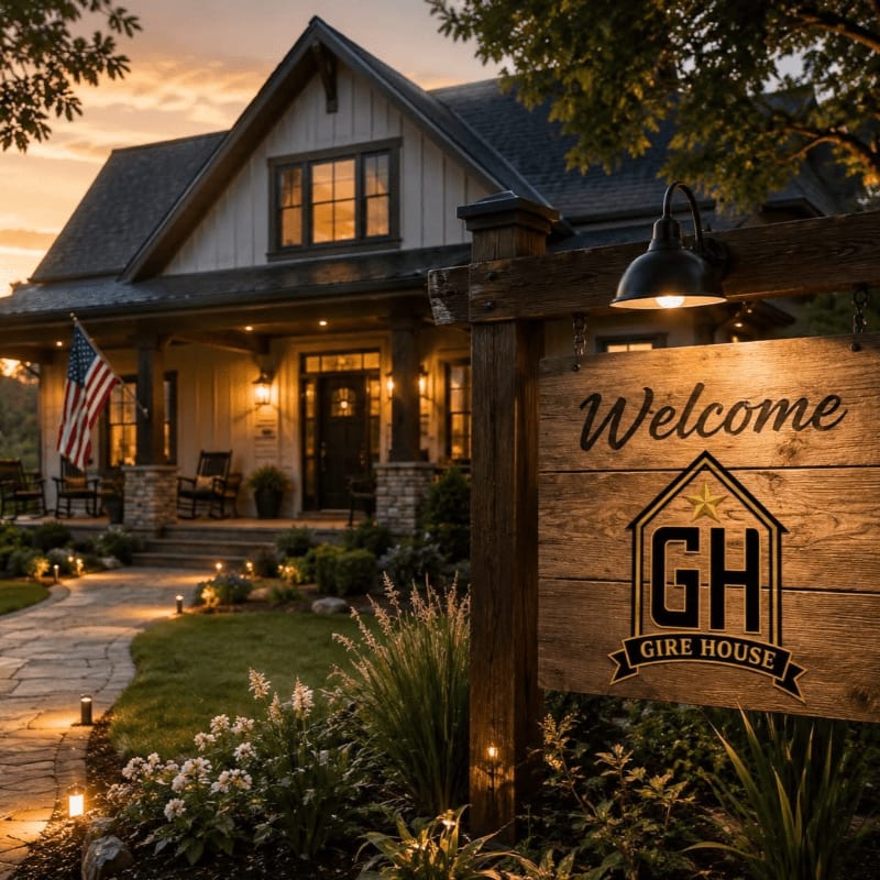 A rustic wooden "Welcome" sign with the "GH GIRE HOUSE" logo stands in the foreground, while a charming, well-lit house with an American flag is visible in the background under a warm sunset sky.