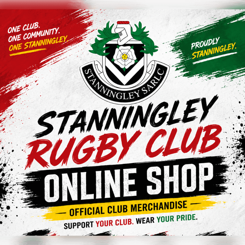 A Stanningley Rugby Club logo and text advertising their online shop are displayed against a white background with red and green brush strokes.