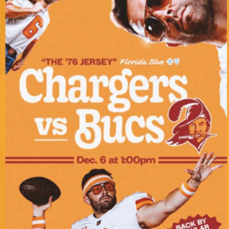 A man in a football jersey throws a football in the foreground, while a graphic advertises a "Chargers vs Bucs" game in the background.