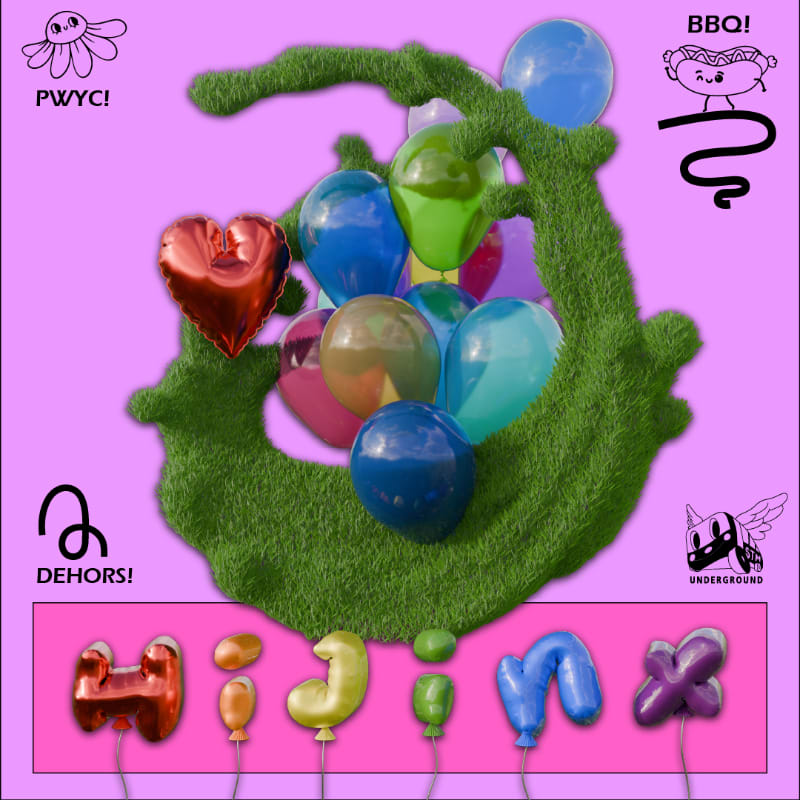 A grassy, heart-shaped structure overflows with colorful balloons in the foreground, set against a vibrant pink background with quirky illustrations and text.