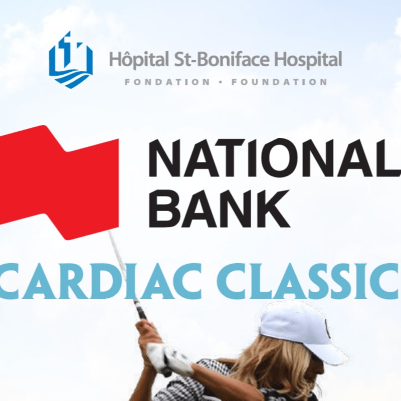 A golfer swings her club in the foreground against a background of event branding for the National Bank Cardiac Classic.