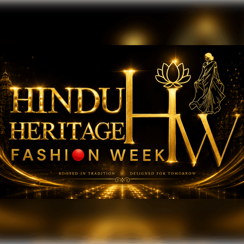 Golden text for "HINDU HERITAGE FASHION WEEK" with a lotus and a woman in traditional attire is set against a dark background with glowing lights and city silhouettes.