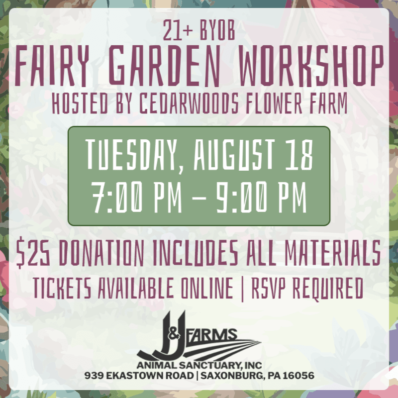 A flyer for a fairy garden workshop hosted by Cedarwoods Flower Farm is overlaid on a blurred background of colorful flowers.