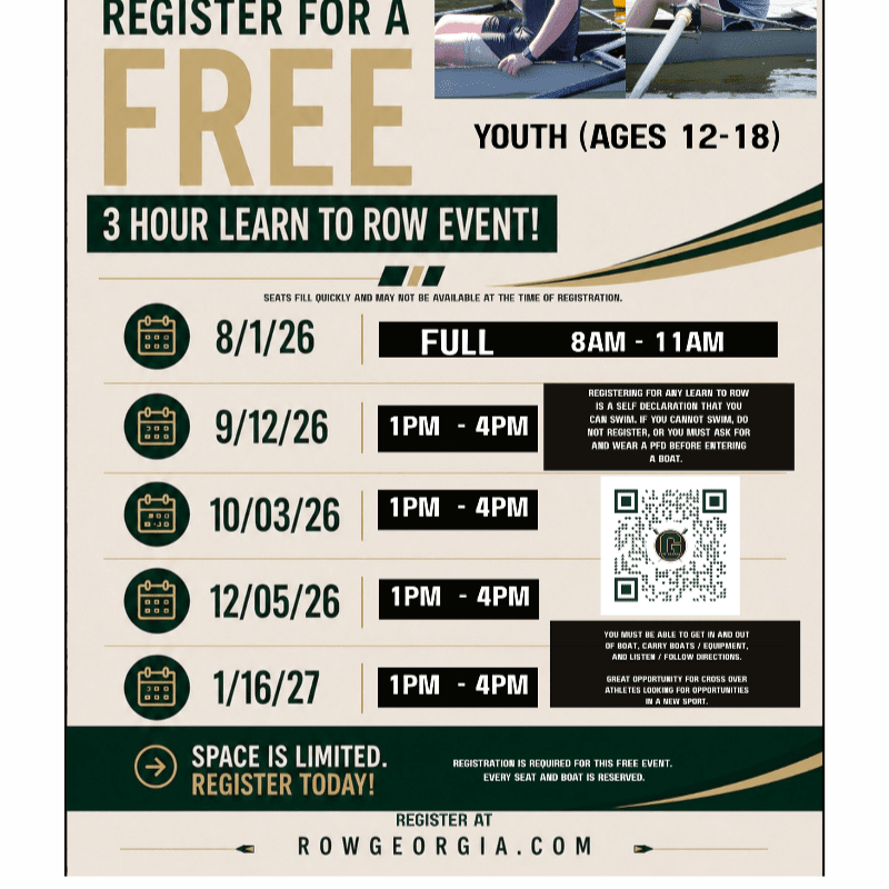 A flyer advertises a free 3-hour learn to row event for youth, with a background image of people rowing in a boat.
