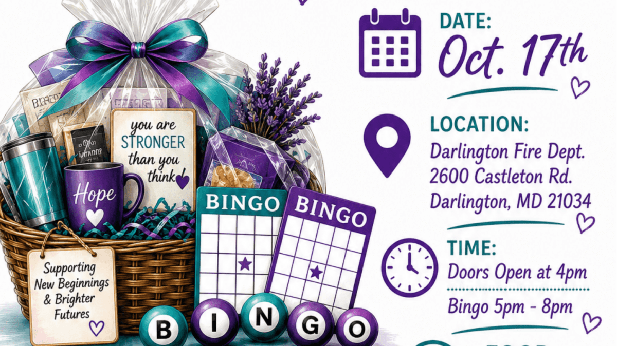 A gift basket with "Hope" and "Stronger than you think" items sits in the foreground next to bingo cards and balls, with event details for an October 17th date, location, and time in the background.