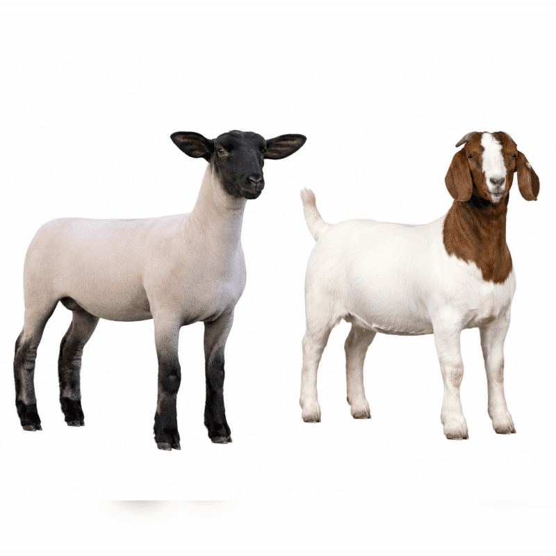 A white sheep with black legs and face stands to the left of a white goat with brown markings on its head and neck, both against a plain white background.