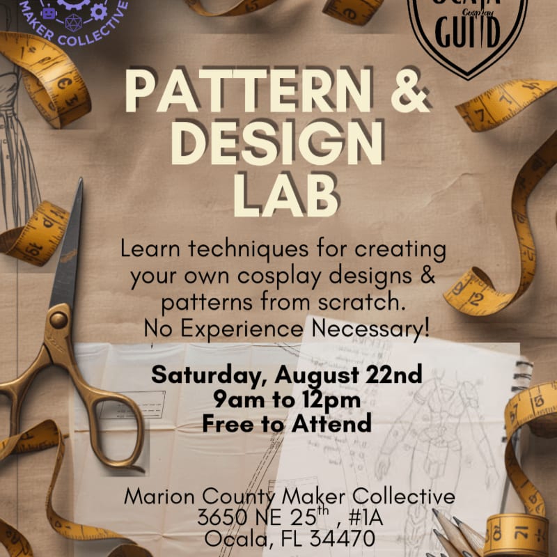 Sewing tools like scissors and measuring tapes are scattered around a flyer for a "Pattern & Design Lab" in the foreground, with a textured, parchment-like background.
