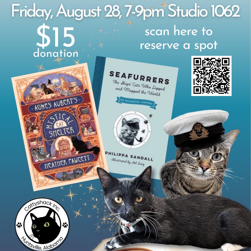 Two cats, one black and one tabby wearing a captain's hat, are in the foreground with two books and a QR code in the background, advertising a donation event.