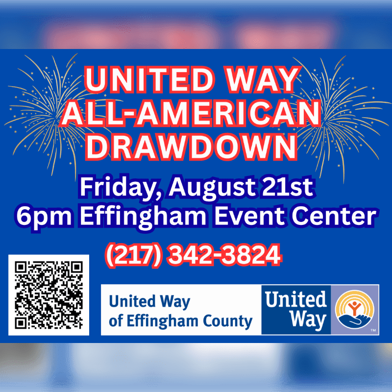 Red and white text announcing the United Way All-American Drawdown event is set against a blue background with fireworks, and features a QR code and United Way logos in the lower left and right corners.
