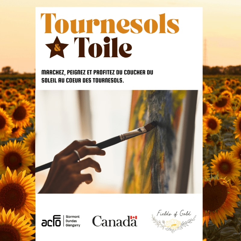 A hand paints a canvas in the foreground, set against a vibrant field of sunflowers under a warm sunset sky in the background.