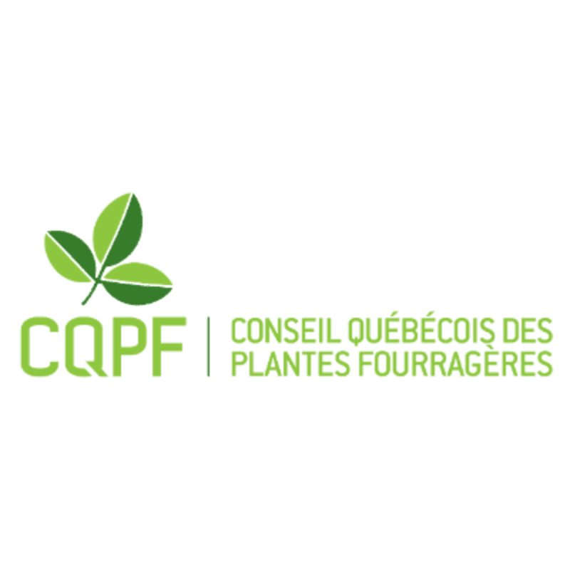 A logo with a green leaf design and the text "CQPF" in the foreground, and "CONSEIL QUÉBÉCOIS DES PLANTES FOURRAGÈRES" in the background.