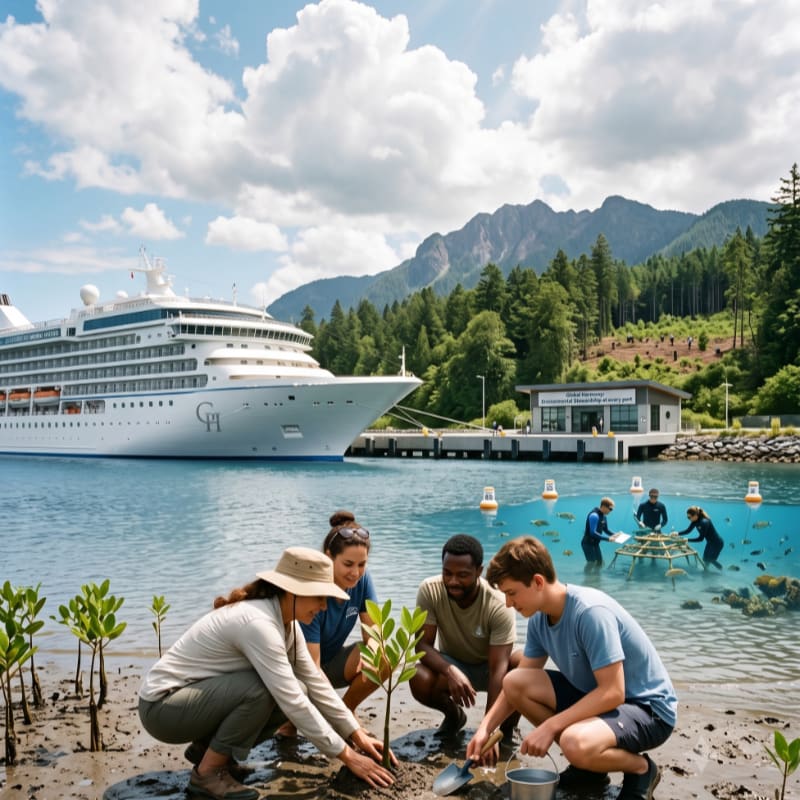 In the foreground, four people plant saplings on a muddy shore, while a large cruise ship is docked in the background against a backdrop of forested mountains.