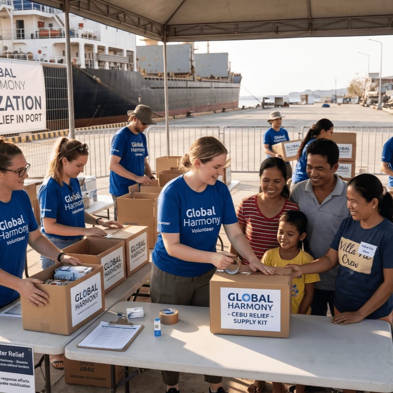 Volunteers in blue shirts pack relief supply kits in the foreground, while a large cargo ship is docked in the background.