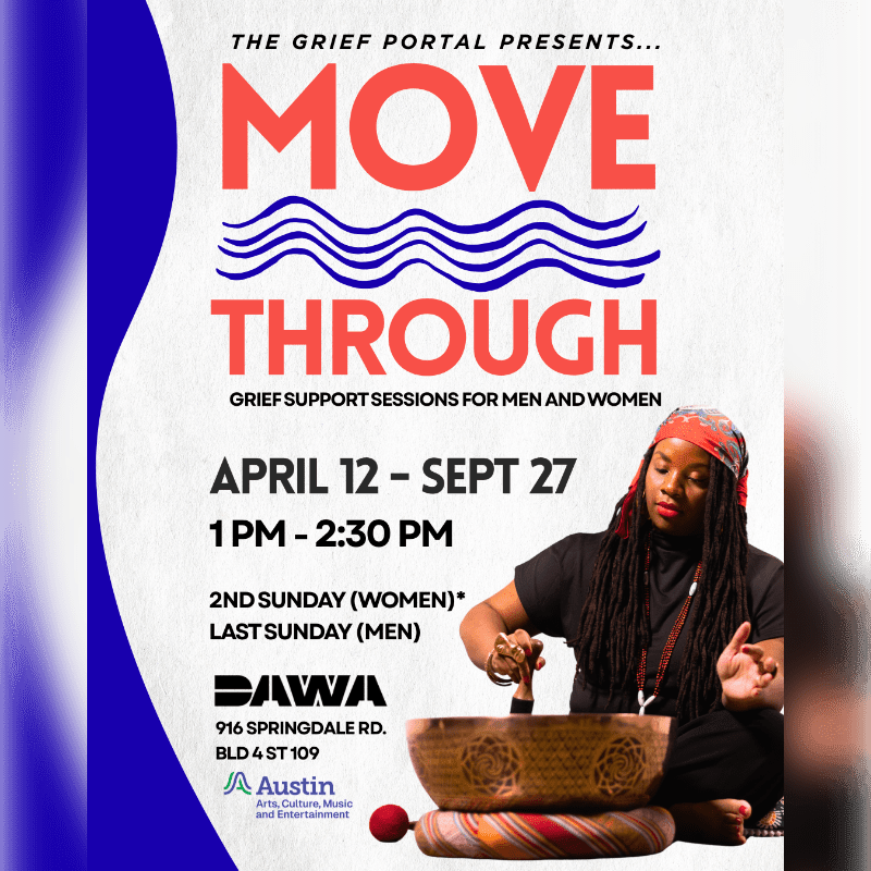 A woman with dreadlocks plays a singing bowl in the foreground, while the background features a flyer for grief support sessions.