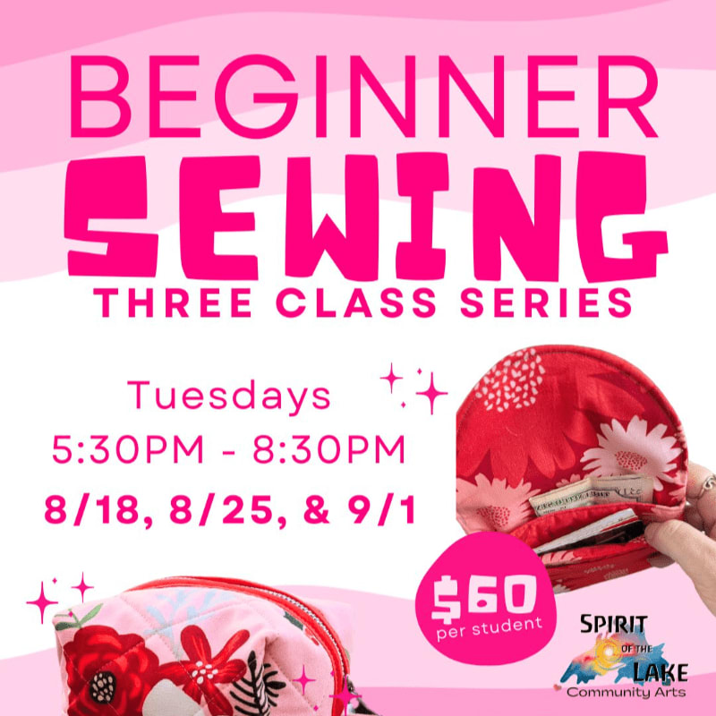 A pink background with bold "BEGINNER SEWING" text overlays images of floral pouches and a hand holding a small red pouch, advertising a three-class series.