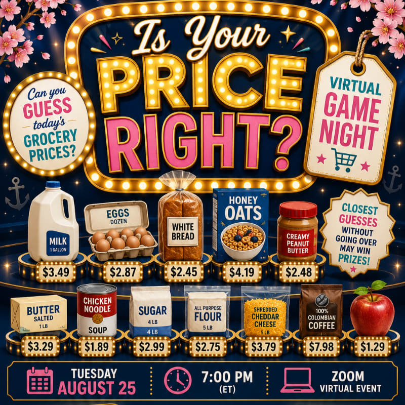 A virtual game night poster advertises "Is Your Price Right?" with grocery items and prices in the foreground, set against a dark blue background with floral accents and a marquee-style title.