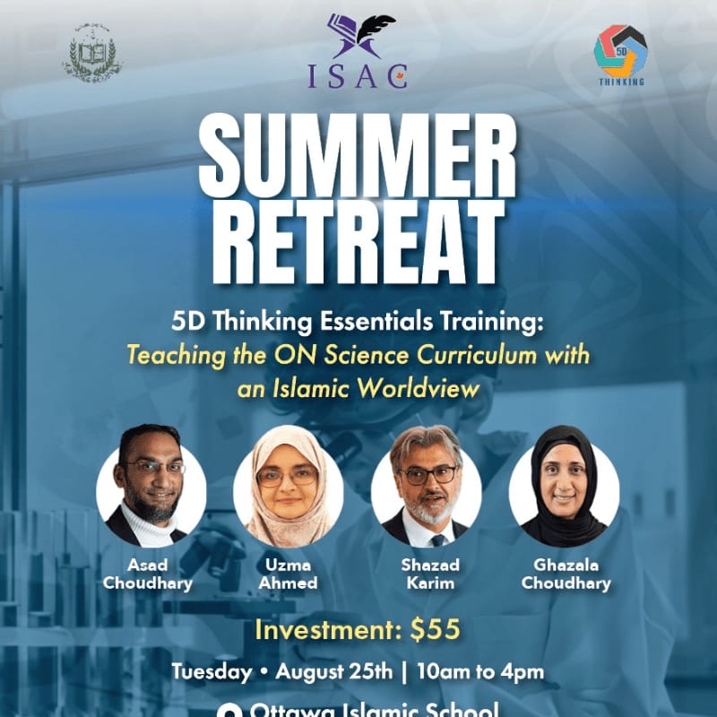 Four speakers are featured in the foreground of a poster advertising a summer retreat, with a blurred laboratory background.
