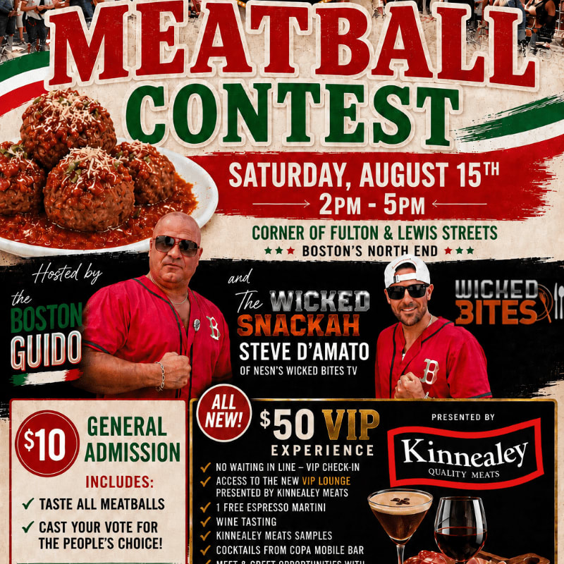 A poster advertises a meatball contest with a plate of meatballs in the foreground and two men in the background.