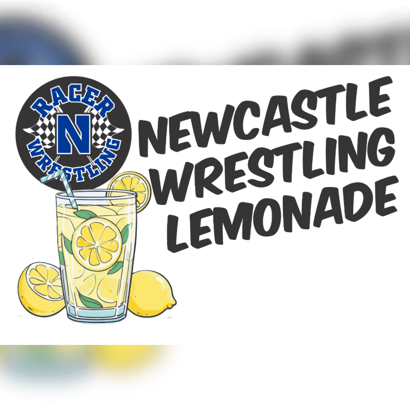 A glass of lemonade with lemons in the foreground is next to the text "Newcastle Wrestling Lemonade" against a blurred background.