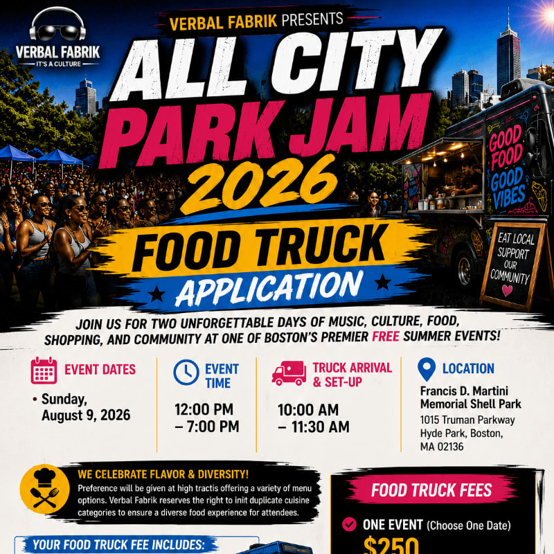 A vibrant flyer for the "All City Park Jam 2026 Food Truck Application" is set against a backdrop of a city skyline and a lively crowd.