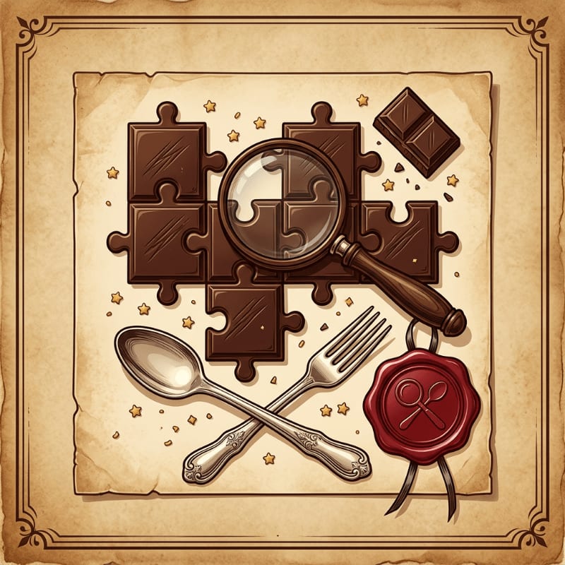 A magnifying glass hovers over chocolate puzzle pieces in the foreground, while a wax seal and cutlery rest on a parchment background.