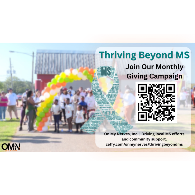 A group of people walk under a balloon arch in the foreground, while a banner in the background promotes a "Thriving Beyond MS" campaign.