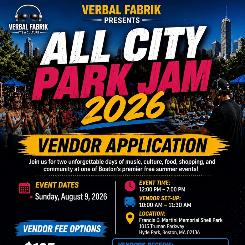 A DJ with headphones on plays music to a crowd in the foreground, with a city skyline in the background, advertising the "All City Park Jam 2026" vendor application.