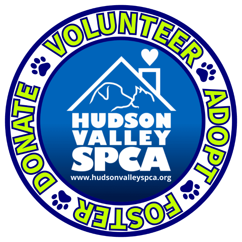 A circular logo with a blue background features the Hudson Valley SPCA logo in the center, surrounded by the words "DONATE," "VOLUNTEER," "ADOPT," and "FOSTER" in green text, with paw prints interspersed.