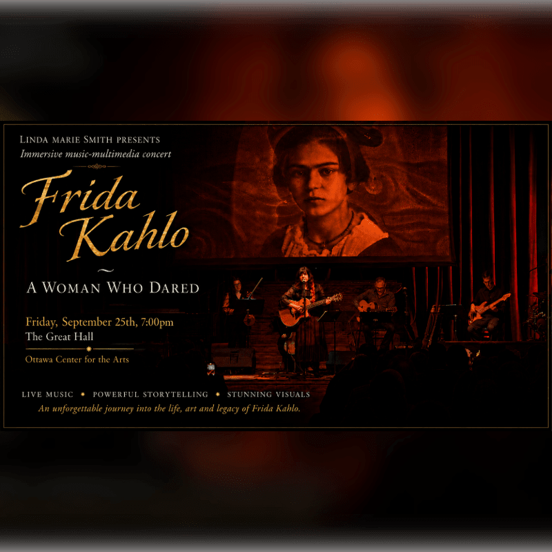 A concert poster for "Frida Kahlo: A Woman Who Dared" features a portrait of Frida Kahlo in the background and a band performing on stage in the foreground.