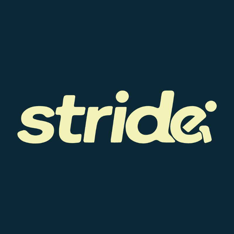 A light yellow "stride" logo with a dot above the "i" and a small circle to the right of the "e" is centered on a dark blue background.