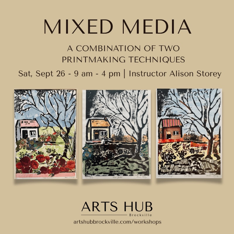 Three colorful mixed media prints of houses and gardens are displayed against a textured background with event details above and a logo below.