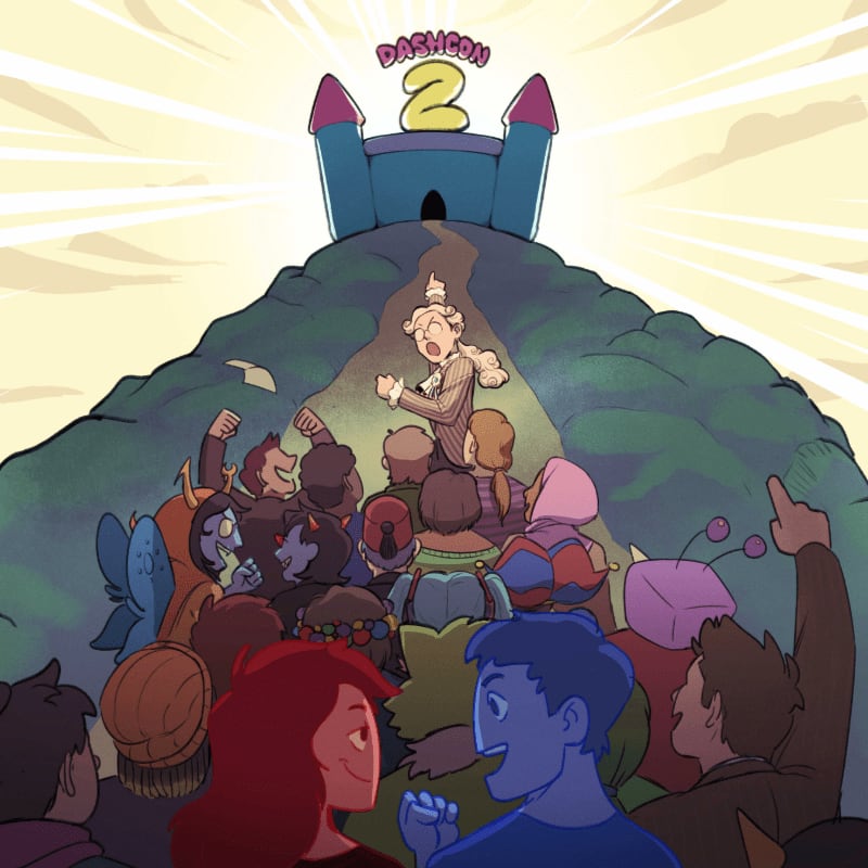 A crowd of diverse characters gathers at the base of a hill, looking up at a man in historical attire speaking from atop the hill, with a bouncy castle labeled "Dashcon 2" in the background.