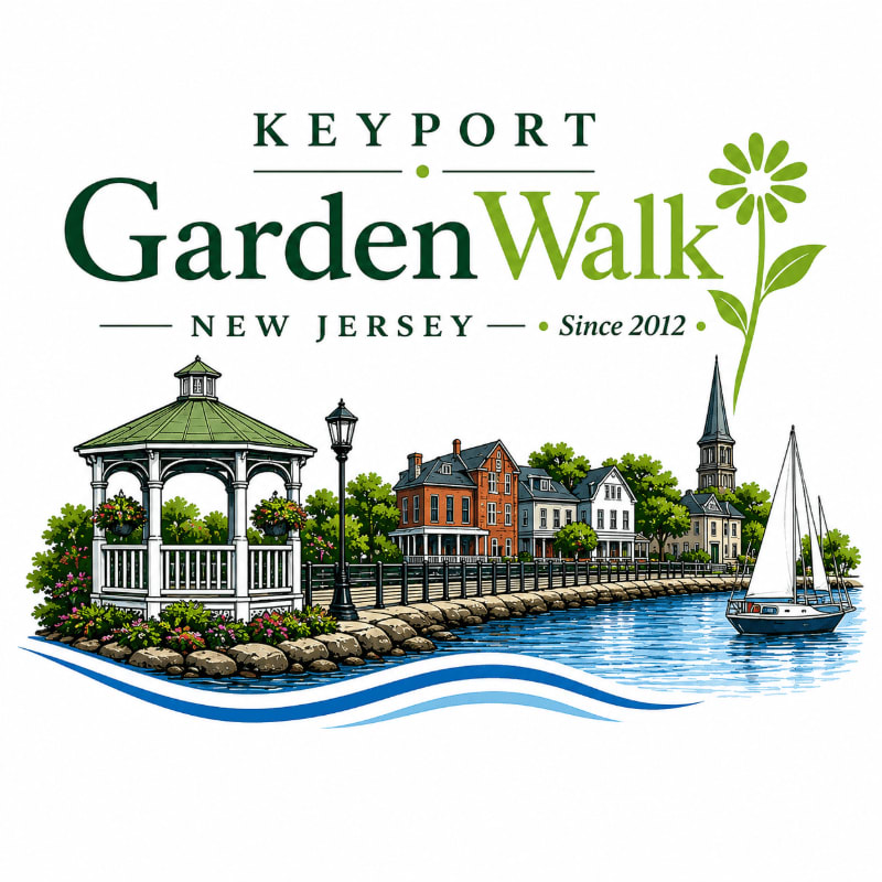 A white gazebo with lush greenery in the foreground sits beside a waterfront lined with historic buildings and a sailboat in the background, all under the "Keyport GardenWalk New Jersey Since 2012" logo.